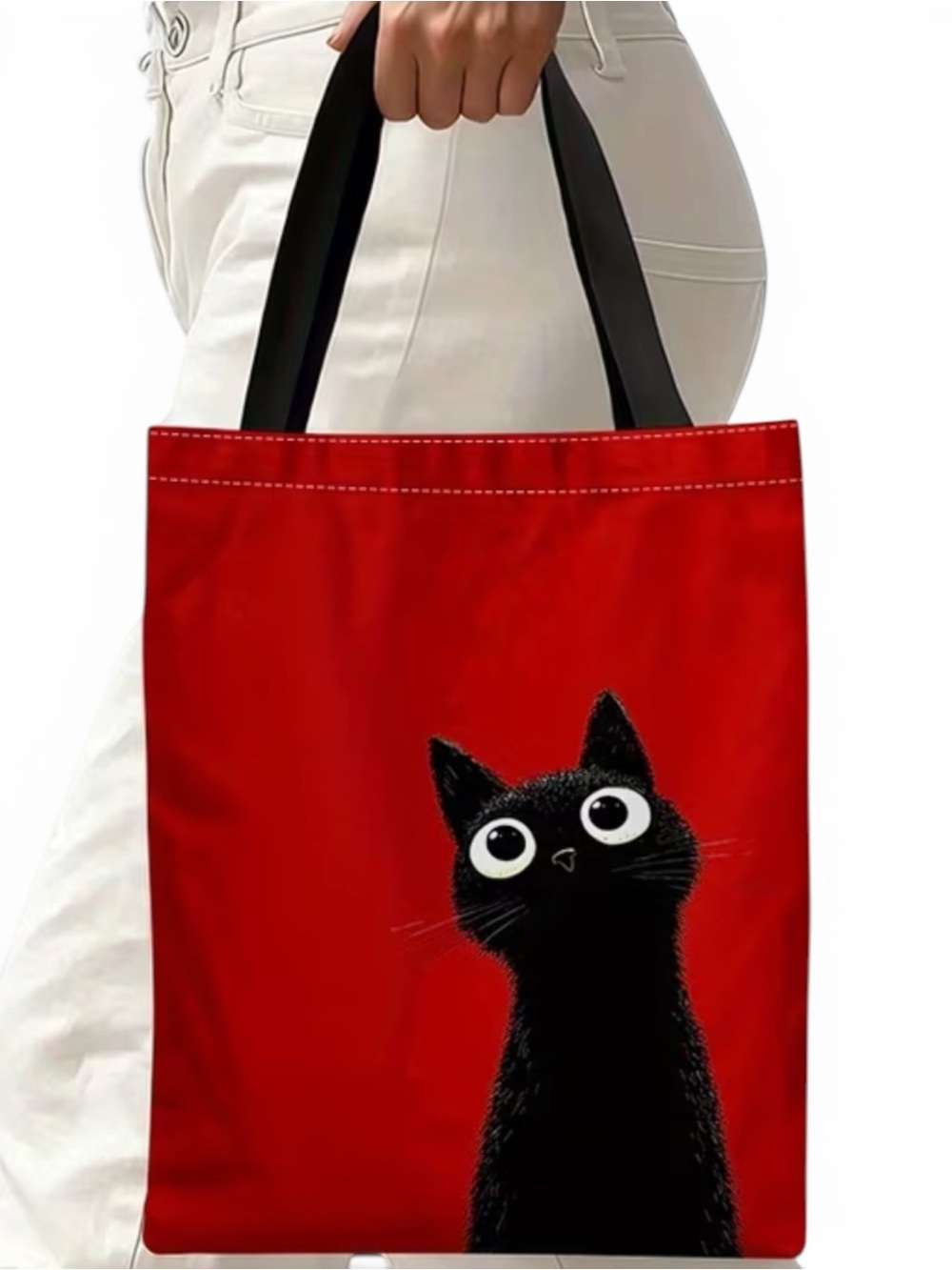 Black Cat Tote Bag | Cute Red Canvas Shoulder Tote | Kawaii Cat Print | Reusable